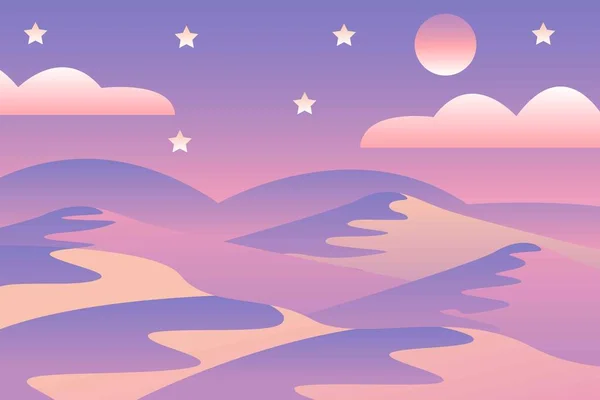 Пейзаж Волнами Голубое Ночное Небо Луна Звезды Желтый Розовый Фиолетовый — стоковый вектор