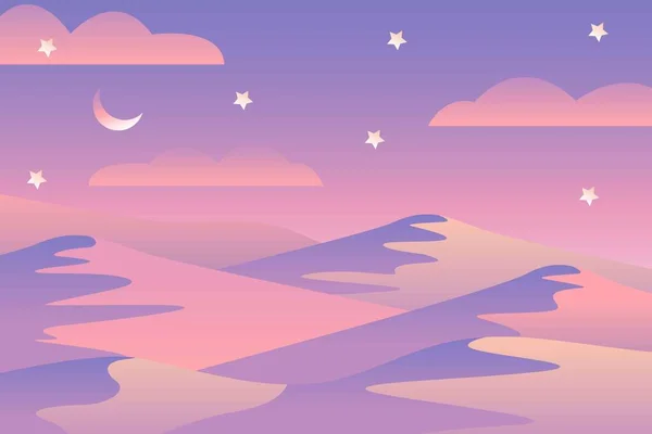 파도가 밤하늘 분홍빛 보라색산은 실루엣 사막의 생태계 미디어 포스트 포스터 — 스톡 벡터