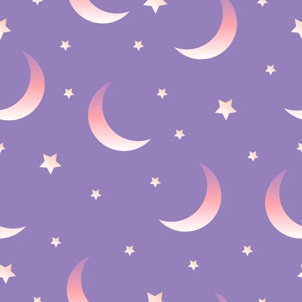 Patrón Sin Costuras Con Luna Estrellas Espalda Violeta Gradientes Púrpura — Vector de stock