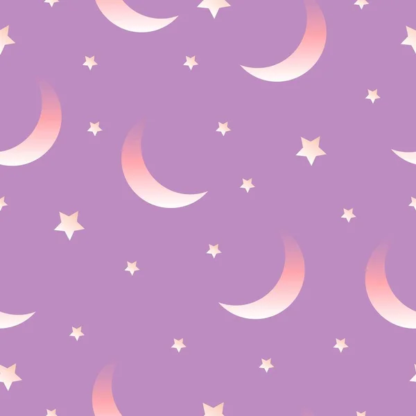 月亮和星星构成的无缝图案 粉色回旋 紫罗兰 紫色和白色渐变 卡通风格 给孩子们设计的明信片 纺织品 剪贴簿 包装纸和托儿所 — 图库矢量图片