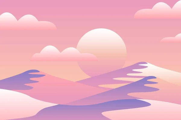 波と風景 朝日が昇る空 ピンク 紫の山々のシルエット 砂漠の砂丘 自然と生態学 水平方向 ソーシャルメディア ポストカード ポスターの場合 — ストックベクタ