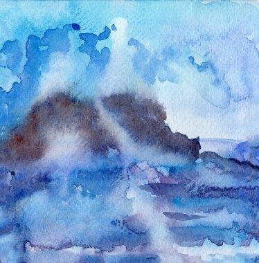 El yapımı deniz manzaralı suluboya çizimi. Denizde ya da okyanusta dalgaların olduğu bir manzara. Yaz tatili çizimleri. Mavi ve beyaz bulutlu gökyüzü. Rocky plajı. Doğa ve ekoloji. Kartpostallar, posterler ve baskılar için.