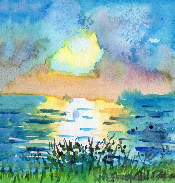 Hand Drawn Seascape Watercolor Sketch Landscape Green Glass Flowers Sea — Stock Photo, Image