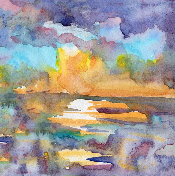 El yapımı deniz manzaralı suluboya çizimi. Deniz ya da okyanus çizimi. Yaz tropik tatilleri. Mavi, mor, turuncu ve sarı bulutlu gökyüzü. Doğa ve ekoloji. Kartpostallar, posterler ve baskılar için.