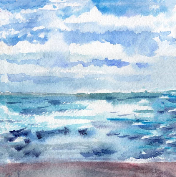 Hand Drawn Seascape Watercolor Sketch Landscape Waves Sea Ocean Summer — Stock Photo, Image