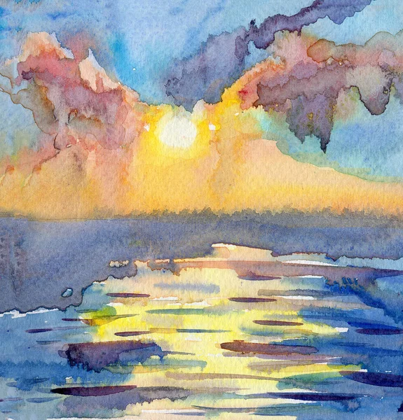 Hand Drawn Watercolor Seascape Blue Purple Yellow Sun Set Dark — Stock Photo, Image