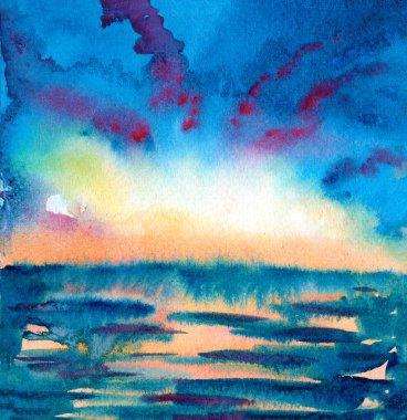 El yapımı suluboya yaz deniz manzarası. Mavi, kırmızı, mor, turuncu, sarı güneş battı. Kara bulutlu, fırtınalı bir gökyüzü. Deniz ve okyanus. Poster ve kartpostal için. Duvar kağıdı, sosyal medya şablonu. Doğa ve ekoloji