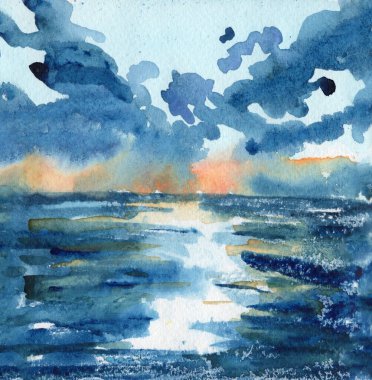 El yapımı suluboya deniz manzarası. Koyu mavi, sarı ve turuncu bulutlu, fırtınalı gökyüzü. Deniz ve okyanus. Kartpostal, baskı ve poster için. Duvar kağıdı, sosyal medya. El boyaması çizim. Doğa ve ekoloji