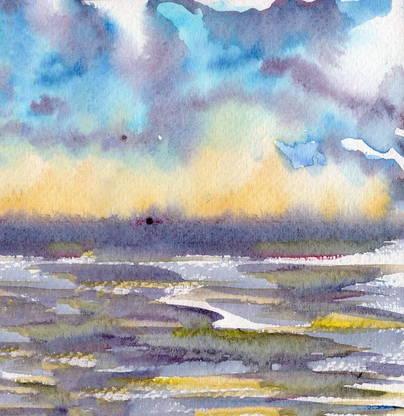 手绘海景水彩画 海洋或海洋绘图 夏季热带假期 橙色和黄色多云的落日 自然与生态 明信片 海报和印刷品 — 图库照片