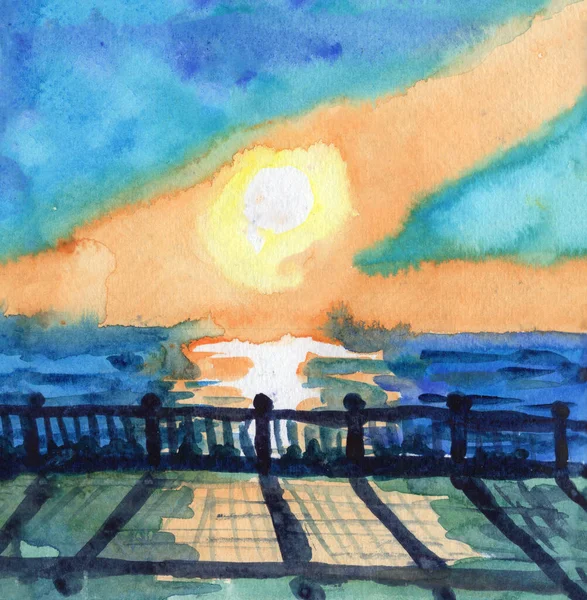 Hand Drawn Landscape Watercolor Sketch Blue Yellow Orange Sun Set — Stock Photo, Image