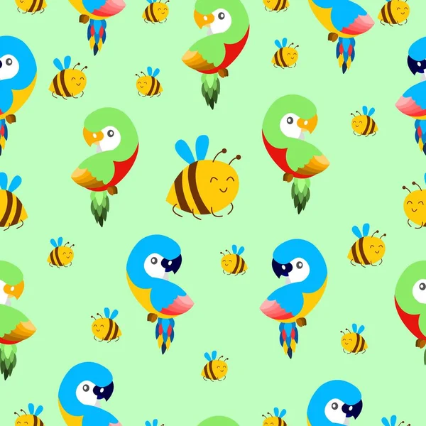 Bezproblémový Vzor Ara Papoušky Létajícími Včelami Modrá Žlutá Zelená Růžová — Stockový vektor
