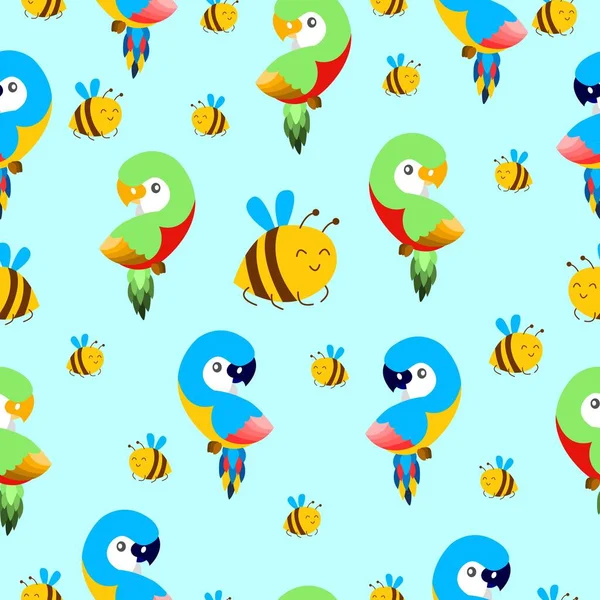 Naadloos Patroon Met Ara Papegaaien Vliegende Bijen Blauw Geel Groen — Stockvector