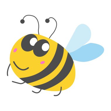 Gri çizgileri ve açık mavi kanatları olan gülümseyen sarı yaban arısı. Basit düz çizgi film tarzı. Sevimli ve komik. Yaz ya da bahar. Çocuklar için. Kartpostallar, posterler, yapıştırma kitabı, kırtasiye ve tekstil için.