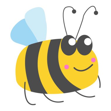 Gri çizgileri ve açık mavi kanatları olan gülümseyen sarı yaban arısı. Basit düz çizgi film tarzı. Sevimli ve komik. Yaz ya da bahar. Çocuklar için. Kartpostallar, posterler, yapıştırma kitabı, kırtasiye ve tekstil için.