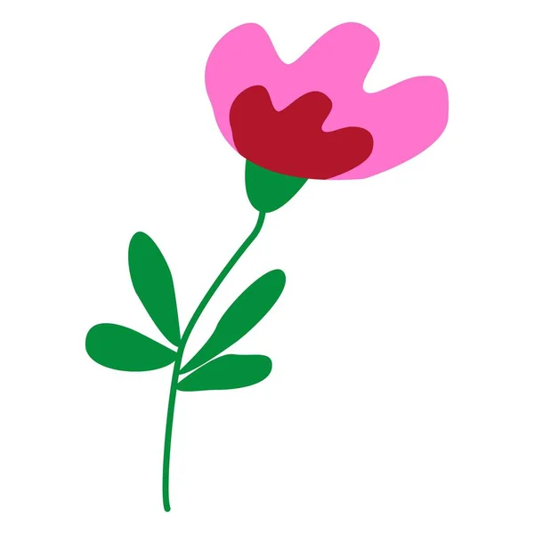 Рука Намальована Абстрактна Рожева Червона Квітка Зеленим Листям Стиль Мультфільму — стоковий вектор