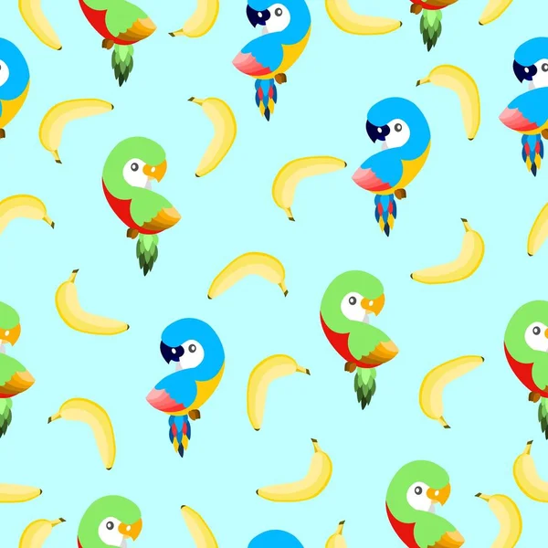 Płynny Wzór Papugami Bananami Niebieski Żółty Zielony Różowy Czerwony Niebieskie — Wektor stockowy