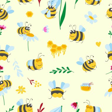 Eşek arısı, bal ve çiçeklerle kusursuz desen. Sarı, mavi, pembe, kırmızı ve yeşil grafik elementleri. Çizgi film düz stili. Sevimli ve komik. Çocuk odası, duvar kağıdı, tekstil, ambalaj kağıdı, baskı.