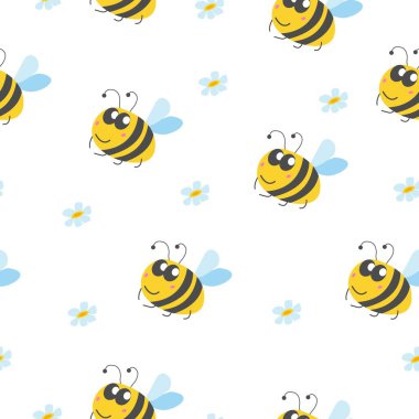 Eşek arısı ve papatya çiçeğiyle kusursuz desen. Beyaz arka plan. Sarı, gri, mavi ve pembe. Çizgi film tarzı. Sevimli ve komik. Çocuklar için kartpostal, duvar kağıdı, tekstil, ambalaj kağıdı, baskı