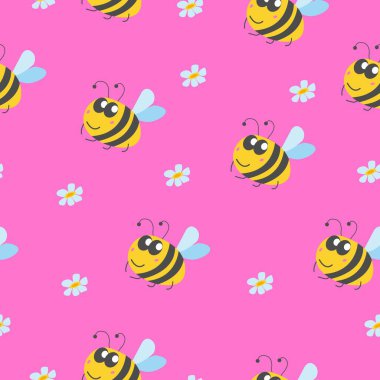 Eşek arısı ve papatya çiçeğiyle kusursuz desen. Pembe arka plan. Sarı, gri, mavi ve pembe. Çizgi film tarzı. Sevimli ve komik. Çocuklar için kartpostal, duvar kağıdı, tekstil, ambalaj kağıdı, baskı