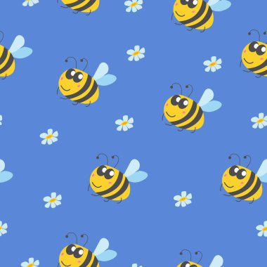 Eşek arısı ve papatya çiçeğiyle kusursuz desen. Mavi arka plan. Sarı, gri, mavi ve pembe. Çizgi film tarzı. Sevimli ve komik. Çocuklar için kartpostal, duvar kağıdı, tekstil, ambalaj kağıdı, baskı