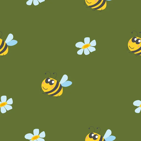 Eşek Arısı Papatya Çiçeğiyle Kusursuz Desen Yeşil Arka Plan Sarı — Stok Vektör