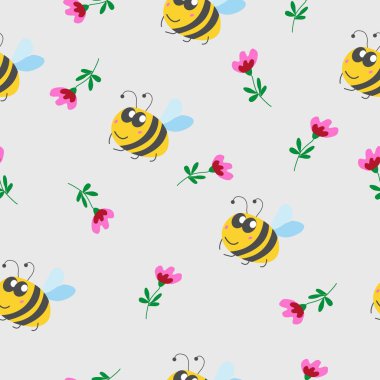 Kusursuz model çocuklar. Sarı yaban arısı, yeşil yapraklı pembe ve kırmızı çiçek. Gri arka plan. Çizgi film tarzı. Sevimli ve komik. Yaz ya da bahar. Tekstil, ambalaj kağıdı, hurda, duvar kağıdı.