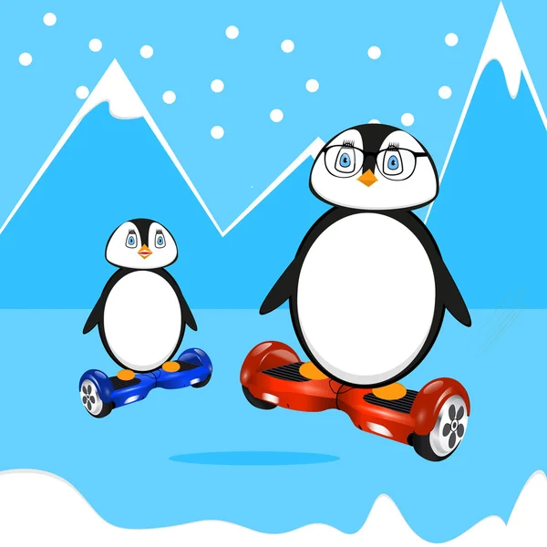 Komik penguen Hoverboards üzerinde — Stok Vektör