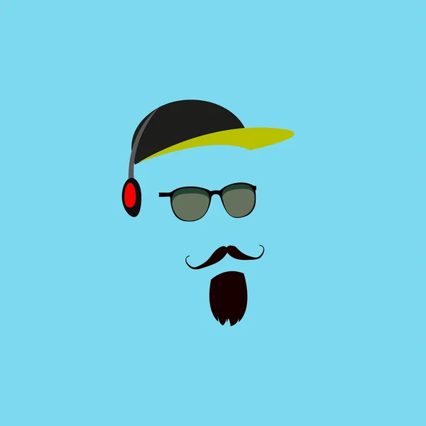 Mustasch, skägg, hörlurar, hatt, solglasögon — Stock vektor