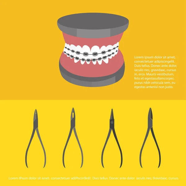Расположение зубных скобок и стоматологических инструментов — стоковый вектор