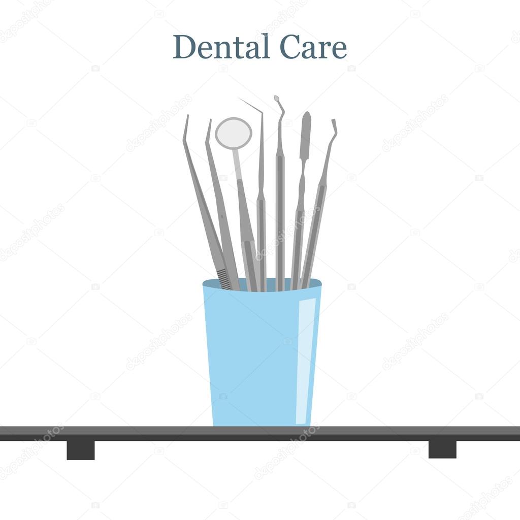 Set of dental tools in blue container
