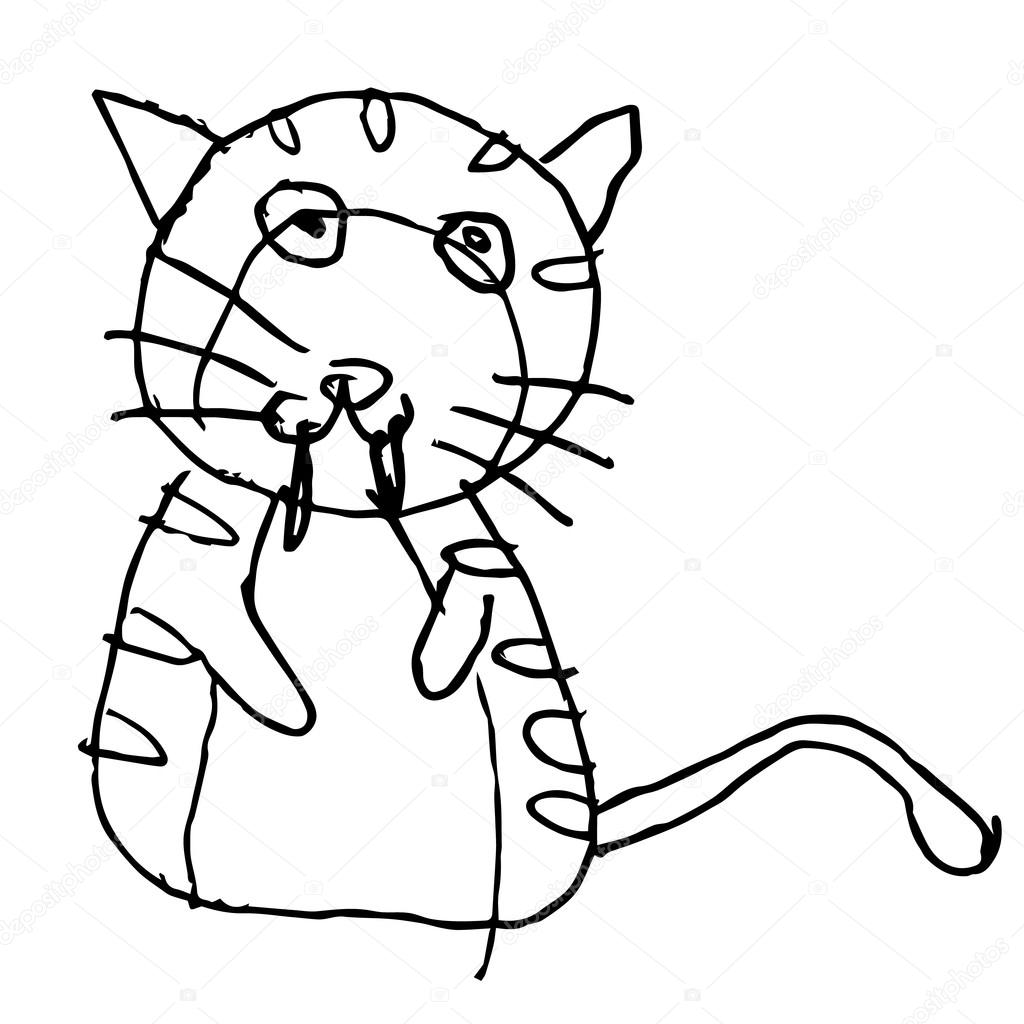 Freehand Sketch Illustration Of Angry Cat, Kitten Doodle Hand