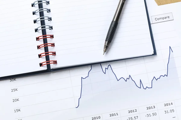 Pen, notebook, financieel verslag — Stockfoto