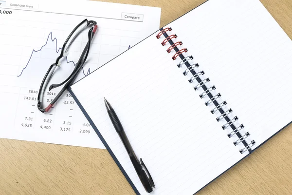 Werkplek met pen, notebook, bril en financieel verslag — Stockfoto