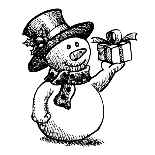 Grunge snowman with christmas hat and gift box — Stock Vector