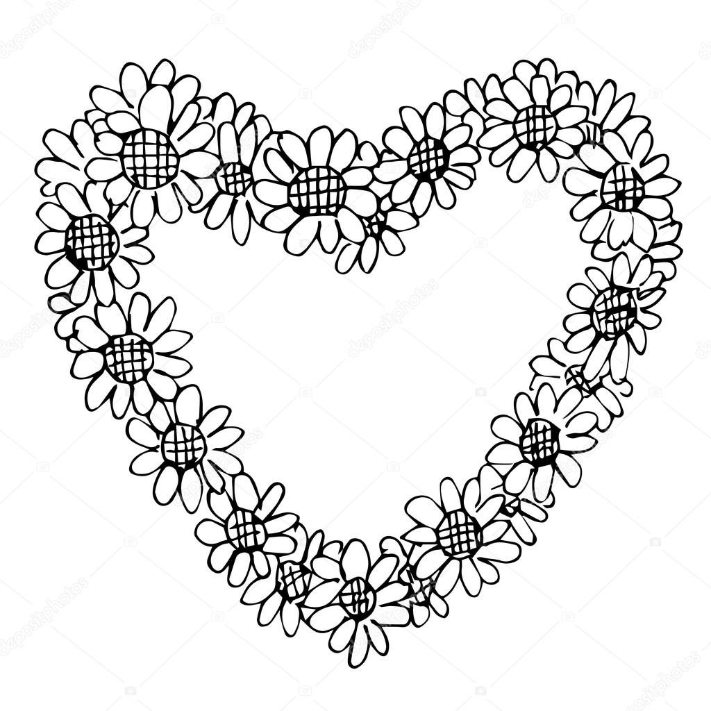 Freehand illustration of retro flower design heart shape