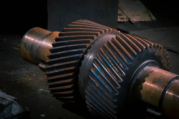 Şanzımanlar. Yakıt yağıyla kirlenmiş büyük metal dişliler.