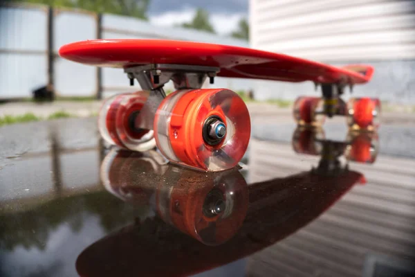 Rotes Kinder Skateboard Gras — Stockfoto