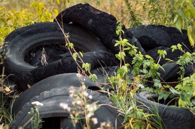 Eski araba lastiklerini geri dönüşümle doldurmak lastik atık çöplüğü