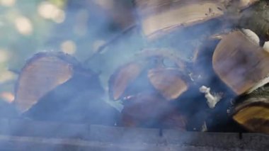 Açık havada kamp yapmak ızgarada et pişirmek