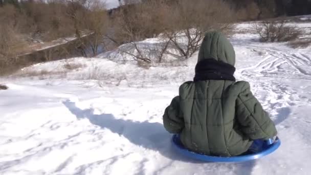 Passeio Para Baixo Corrediça Livre Inverno Mãe Filho Com Cão — Vídeo de Stock