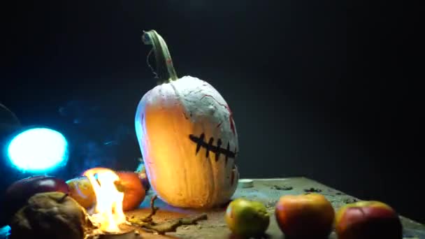 Arte Spaventosa Festa Halloween Zucche Strane Bianco Nero Fumo Buio — Video Stock