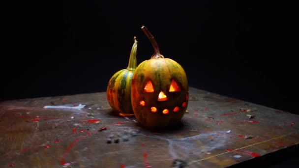 Assustador Arte Halloween Celebração Estranho Abóboras Fumaça Escuridão Luz Velas — Vídeo de Stock