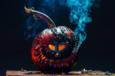 Korkunç sanat cadılar bayramı kutlaması garip balkabakları siyah beyaz duman ve karanlıkta