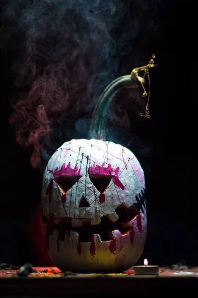 Art Effrayant Halloween Célébration Citrouilles Bizarres Noir Blanc Dans Fumée — Photo