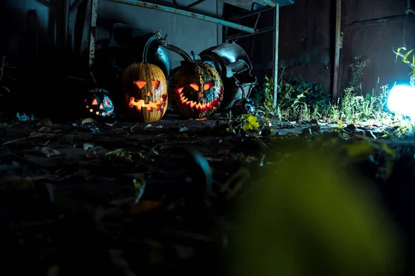 Arte Aterrador Calabazas Halloween Humo Oscuridad Luz Las Velas Lugar — Foto de Stock