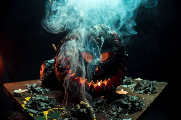 Art Effrayant Halloween Célébration Citrouilles Bizarres Noir Blanc Dans Fumée — Photo