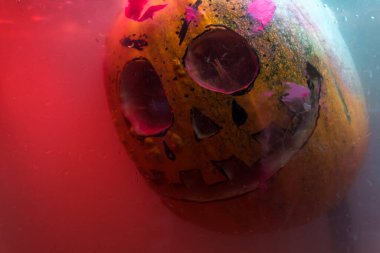 autumn holiday Halloween 2025 scary orange pumpkins drowning in water with bubbles and splatters in blood red light in the dark