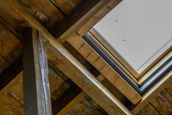 Dormer window from inside. Close up with old wooden dormer and w — Stock Photo, Image