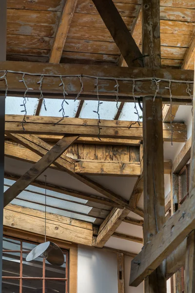 Dormer windows from inside. Architectural detail with old wooden — Stock Photo, Image