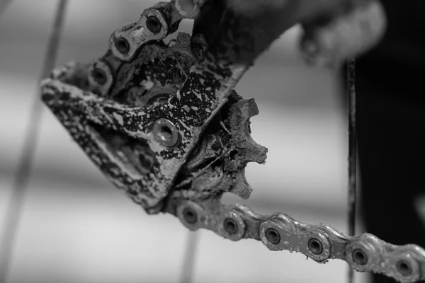 체인이 있는 자전거 기어(선택적 초점). 흑백 클로즈 u — 스톡 사진